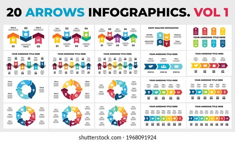 Infografía de vectores de flechas. Vol. 1. Plantilla de diapositiva de presentación. Diagramas de círculo. Líneas cronológicas con 3, 4, 5, 6, 7, 8 pasos, partes, opciones. Análisis SWOT. 