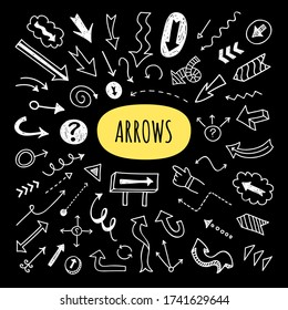 Arrows vector set. Doodle arrow collection. Cute hand drawn white outlined arrow symbols on black background