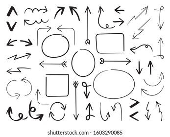 Arrows vector set.  Hand draw arrow design for business plan and education. Sketch idea design template.