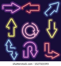 arrows vector set with neon glow effect isolated on blue background.