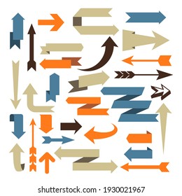 Arrows and vector signs, set of arrow designs in different styles, zigzag, bent and simple