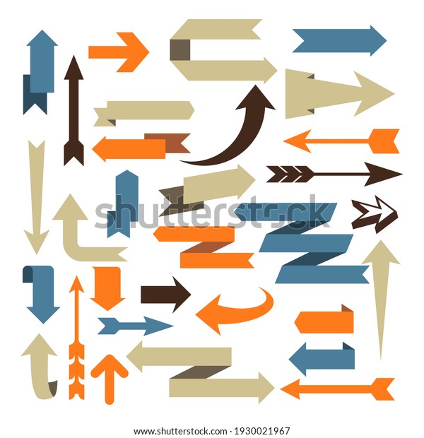 Arrows and vector signs, set of arrow
designs in different styles, zigzag, bent and
simple