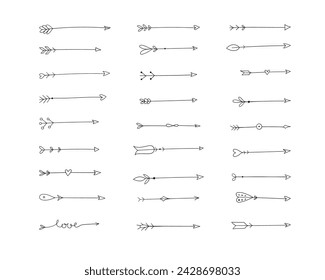 Arrows vector tribal boho style design elements. Hand drawn arrows and feather ethnic set