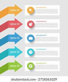 Flechas Vertical moderna Plantilla de infografía para presentaciones financieras y de marketing. Diseño con iconos de negocios y espacio para texto