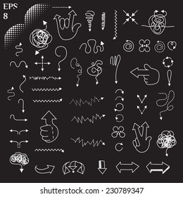 Arrows. Vintage hand drawn arrows  made in vector. Editable business design element.  different shapes, weights, styles and icons. Drawn in a doodled style. In the black. Eps 8