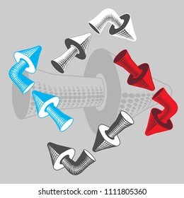 Arrows volumetric different colors and gray indicate the direction of movement