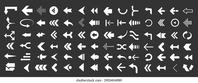 Arrows web collection on black. Modern graphic direction signs computer screen curves arrows