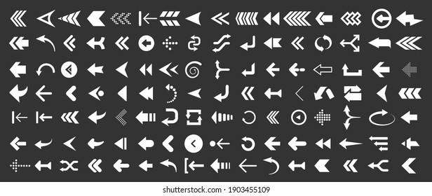 Arrows web collection on black. Modern graphic direction signs computer screen arrows