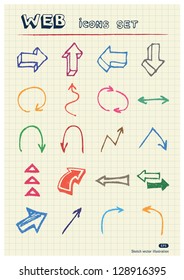 Arrows web icons set drawn by color pencils. Hand drawn vector elements pack isolated on paper
