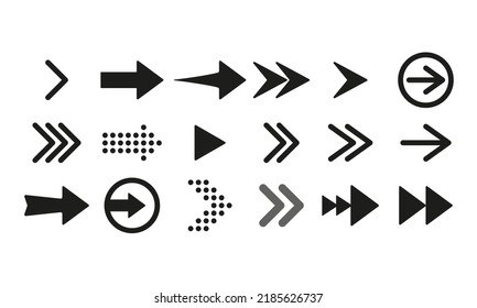 Arrows for website buttons set icon. Next page, scroll, leaf through, follow the link, right swipe, left, cursor, sign. Technology concept. Vector line icon for Business and Advertising.