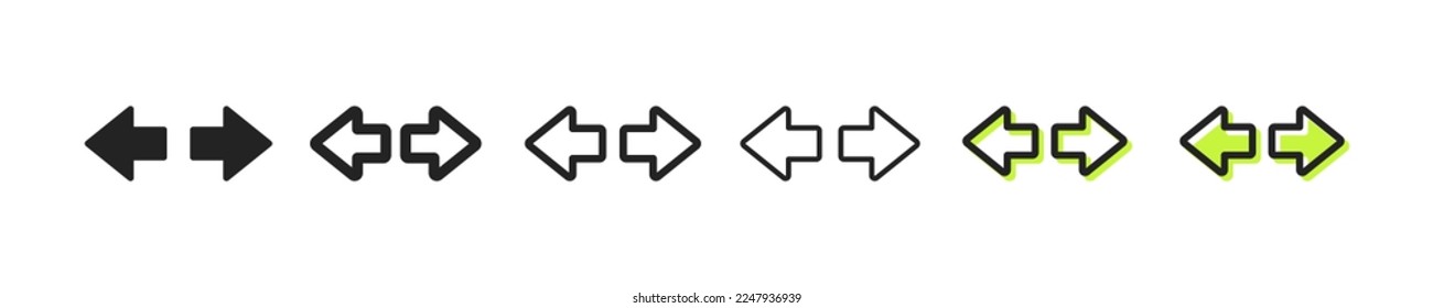 Arrows for website buttons set icon. Next page, scroll, leaf through, follow the link, right swipe, left, cursor, sign. Technology concept. Six vector line icon in different styles