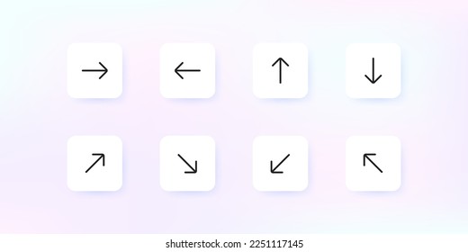 Icono de conjunto de flechas para botones del sitio web. Página siguiente, desplazamiento, hoja a través, seguir el enlace, dirección, giro a la derecha, izquierda, cursor, signo. Concepto tecnológico. Estilo neomorfista. Icono de línea de vector para empresas
