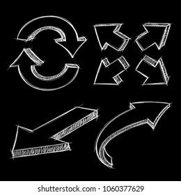 Arrows. White hand drawn sketch on black background. Vector illustration
