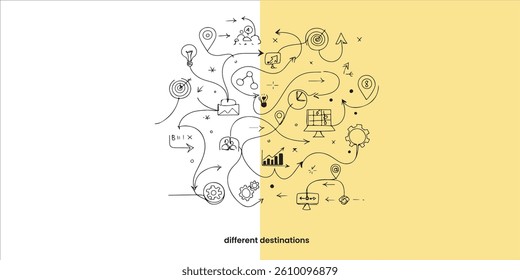 Arrows and winding paths stretch toward various destinations, symbolizing the many choices and opportunities in life's journey. As plans take shape and decisions unfold, each step lays the groundwork	