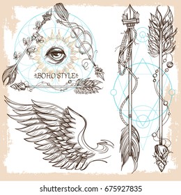 Arrows and wings. A set of elements in the style of Boho. Contour illustrations for the creation of tattoos, coloring, clothing design and printed products.