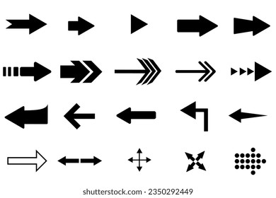 Arrows.Collection of black vector arrows. Cursor. Arrow vector icon. Collection of different arrows in flat style for web design or interface. Direction symbols. Vector illustration.