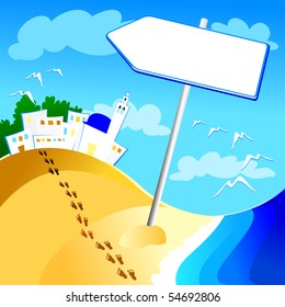 Arrow-shaped sign on the beach, vector