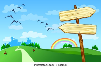 Arrow-shaped signs with the countryside, vector