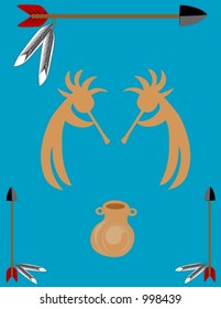 Arrows,vessel and kokopelli over blue background.