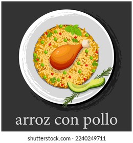 Arroz con pollo. Baked chicken pieces with bone, rice with paprika and peas. Black background. Served on a plate or a Spanish frying pan. Latin American cuisine.