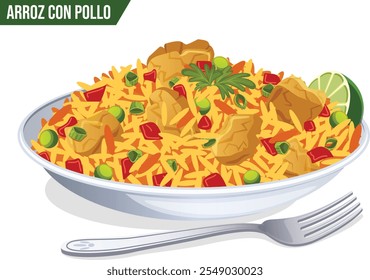 Arroz Con Pollo Plate Side View with Fork. Chicken with Vegetables and Avocado Slice. Authentic Latin American Cuisine Detailed Illustration. 	