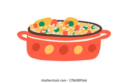 Arroz con Pollo, plato tradicional cubano, mexicano o español picante. Paella, risotto cocinado en salsa. Arroz vegetariano, vegano frito. Ilustración de dibujos animados vectoriales planos aislados en fondo blanco