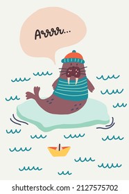 Arrrr lettering cute walrus sailor sitting on ice floe. Sea underwater life. Doodle illustration Hand drawn nursery baby scandinavian style, kids t shirt postcard