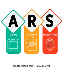 ARS - Geschäftsbericht an Aktionäre (Akronym). Hintergrund des Unternehmenskonzepts. Vektorgrafik-Konzept mit Schlagwörtern und Symbolen. Buchstabengrafik mit Symbolen für Webbanner, Flyer