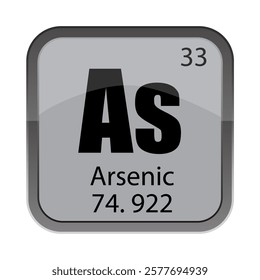 Arsenic 74.922 tile. As chemical block. Atomic 33 detail. Vector periodic icon.