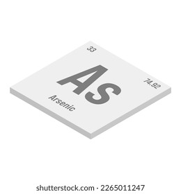 Arsenic, As, gray 3D isometric illustration of periodic table element with name, symbol, atomic number and weight. Poisonous metalloid with limited industrial uses, but has been historically used in