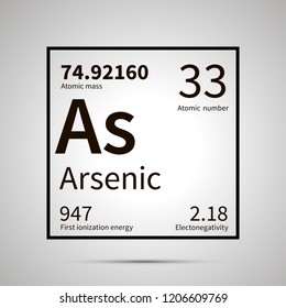 Arsenic chemical element with first ionization energy, atomic mass and electronegativity values ,simple black icon with shadow on gray