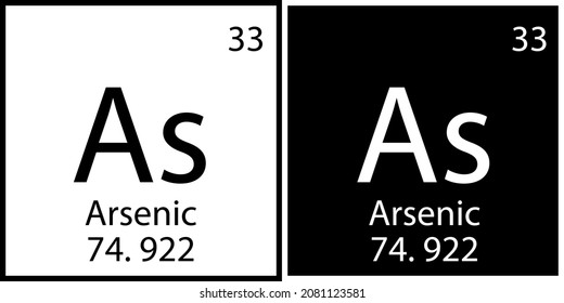 Arsensymbol. Mendeleev-Tisch. Flaches Symbol. Periodisches Elementsymbol. Weiß und Schwarz. Vektorgrafik. Stockbild.