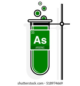 Arsenic Symbol On Label In A Green Test Tube With Holder. Element Number 33 Of The Periodic Table Of The Elements - Chemistry