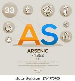 AS (Arsénico)El elemento de tabla periódica, letras e iconos,Ilustración vectorial.