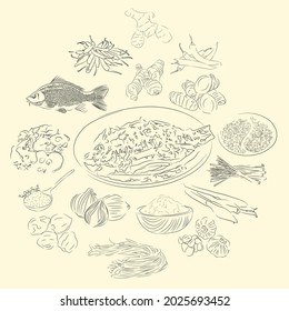 Arsik Ikan Mas And Ingredients Illustration Sketch Style, Traditional Food From North Sumatra, Good to use for restaurant menu, Indonesian food recipe book, and food content.