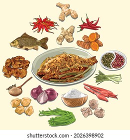 Arsik Ikan Mas And Ingredients Illustration, Sketch And Vector Style, Traditional Food From North Sumatra, Good to use for restaurant menu, Indonesian food recipe book, and food content.