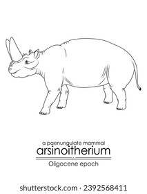 Arsinoitherium, a paenungulate mammal from Oligocene epoch. It had large nasal horns and smaller frontal horns. Black and white line art, perfect for coloring and educational purposes.