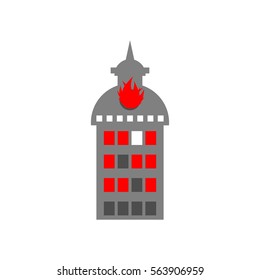 Arson home. Fire in building. Flames from office windows. Burn facility. Spontaneous disaster. Apocalypse on earth