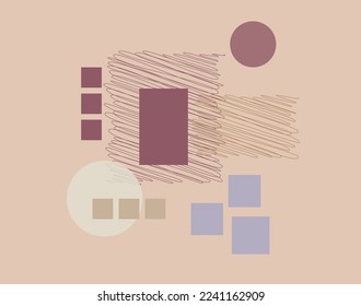 Art 2d geometric shape for decoration. Creative vector, neutral and cold colors. Concept squares, rectangles and circles, doodle effect on light background