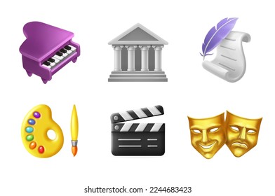 Art 3d icons set. Painting, misic, theater, dramatics, literature and cinema