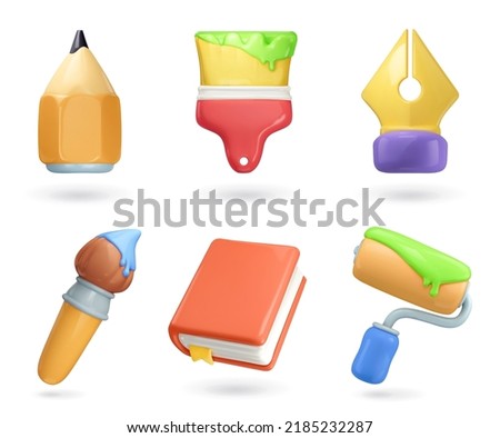 Art 3d vector icon set. Brushes and paint, pencil, fountain pen, book