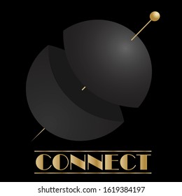 art abstract 3d logo in the form of a black cut sphere connected by a gold pin