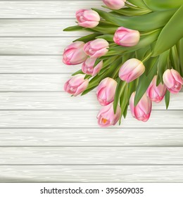 Art abstract background with spring tulips on wooden for design. EPS 10 vector file included
