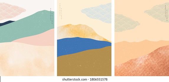 Art abstract background with watercolor texture vector. Mountain forest template with Japanese wave pattern.