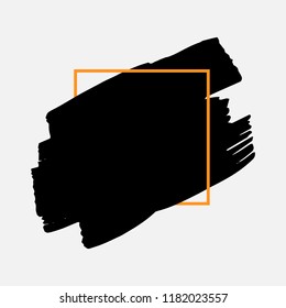 Art abstract black brush paint texture design acrylic stroke over orange square frame vector illustration. Logo brush painted watercolor background. Perfect For Logo, Sale banner, Icon, headline.
