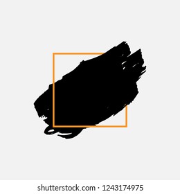 Art abstract black brush paint texture design acrylic stroke over orange square frame vector illustration. Logo brush painted watercolor background. Perfect For Logo, Sale banner, Icon, headline.