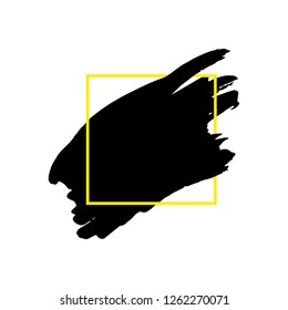 Art abstract black brush paint texture design acrylic stroke over orange square frame vector illustration. Logo brush painted watercolor background. Perfect For Logo, Sale banner, Icon, headline.