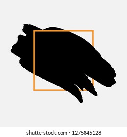 Art abstract black brush paint texture design acrylic stroke over orange square frame vector illustration. Logo brush painted watercolor background. Perfect For Logo, Sale banner, Icon, headline.