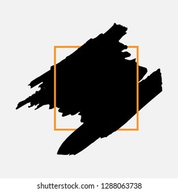 Art abstract black brush paint texture design acrylic stroke over orange square frame vector illustration. Logo brush painted watercolor background. Perfect For Logo, Sale banner, Icon, headline.