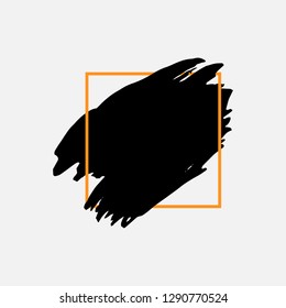 Art abstract black brush paint texture design acrylic stroke over orange square frame vector illustration. Logo brush painted watercolor background. Perfect For Logo, Sale banner, Icon, headline.